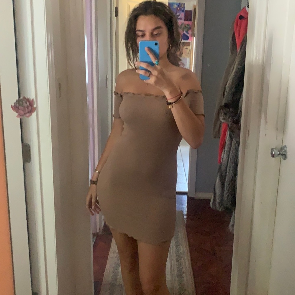 Tan off the shoulder sundress
